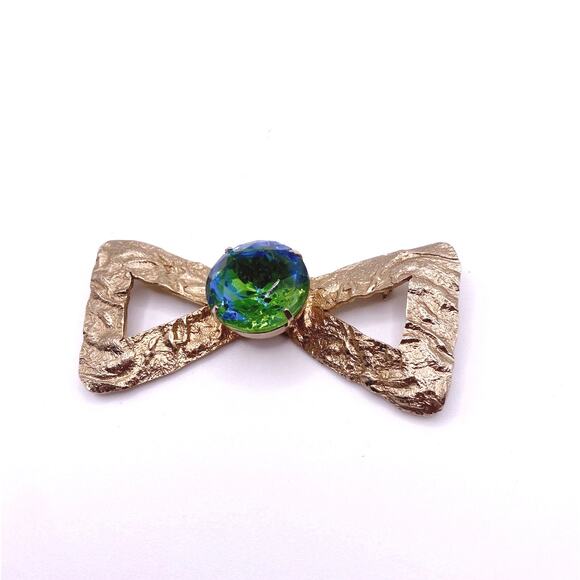 Vintage Brooch Bow with Bohemian Green and Blue Glass 2” long - Picture 3 of 8